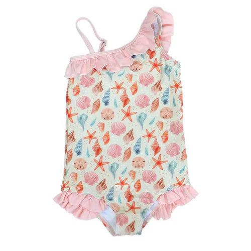 Sandy Seashells Beachy Girls Swimsuit One Piece Bathing Suit