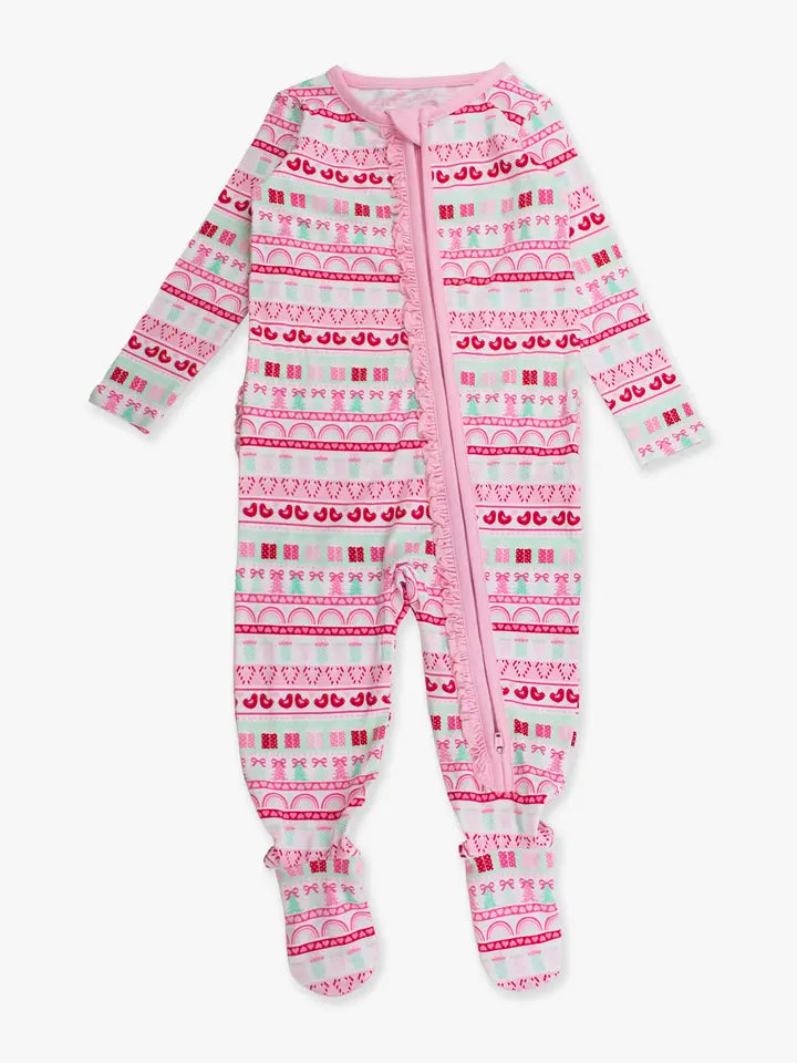 Pinkmas Fair Isle Footed Ruffle One Piece Pajama