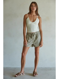 Olive Woven Denim Washed Cotton Relax Fit Shorts