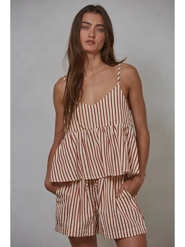 Red Woven Polyester Viscose Cotton Striped V-Neck Top