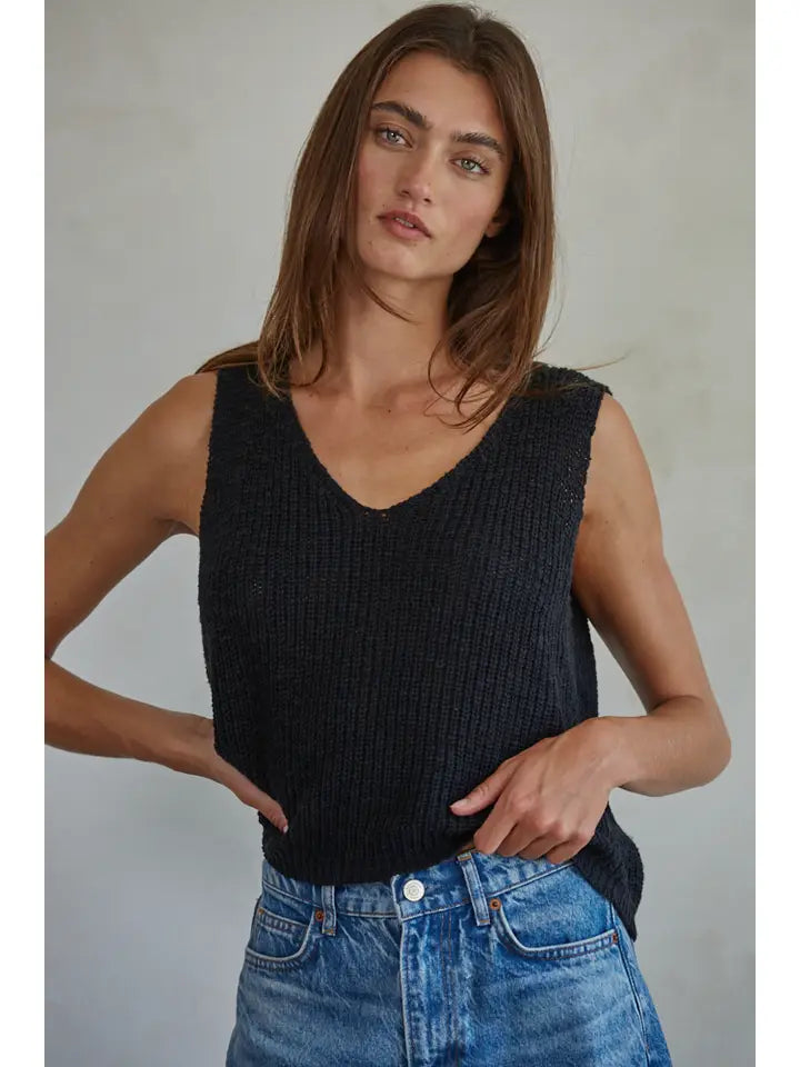 Black Knit Sweater Cotton Acrylic V-Neck Vest Top