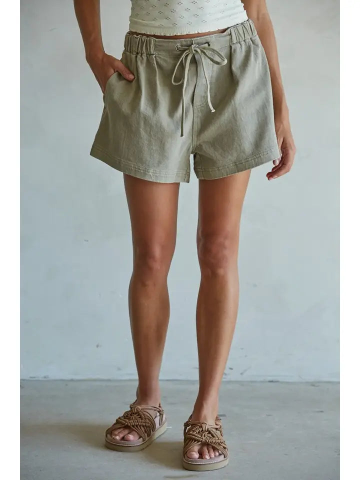 Olive Woven Denim Washed Cotton Relax Fit Shorts