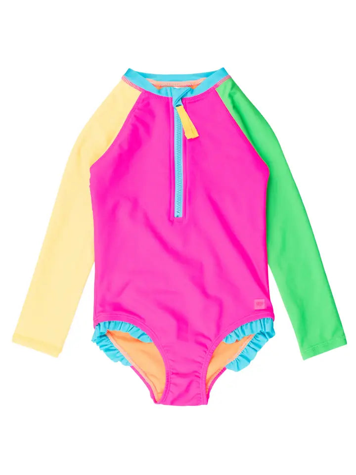 Girls Neon Color Block Long Sleeve One Piece Rash Guard Swimsuit