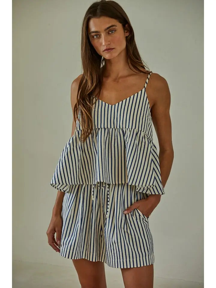 Blue Woven Polyester Viscose Cotton Striped V-Neck Top