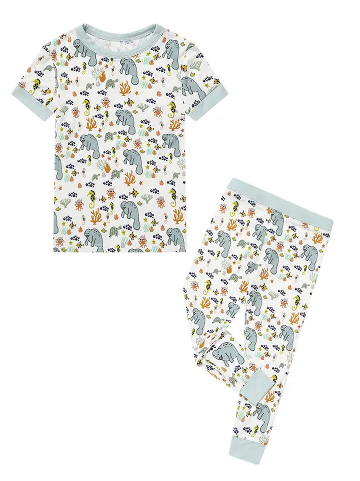 Manatee Short Sleeve Bamboo Toddler Kids Pajama Set