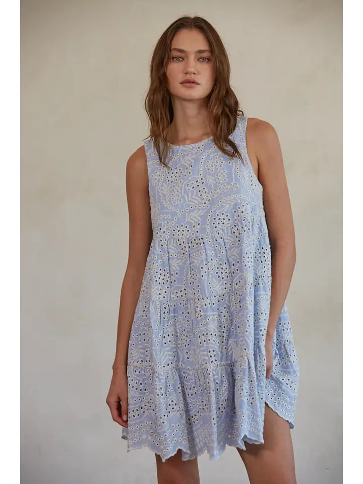 Blue Cotton Eyelet Sleeveless Flare Mini Babydoll Dress – The WaterColor  Store