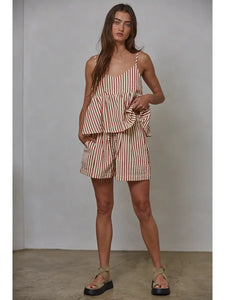 Red Woven Polyester Viscose Cotton Striped V-Neck Top