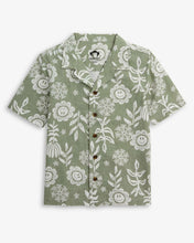 Load image into Gallery viewer, Boys Linen Sage Sunflower Camp Collar Shirt