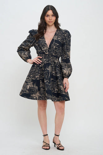 Santorini Midnight Sketch Long Sleeve Dress