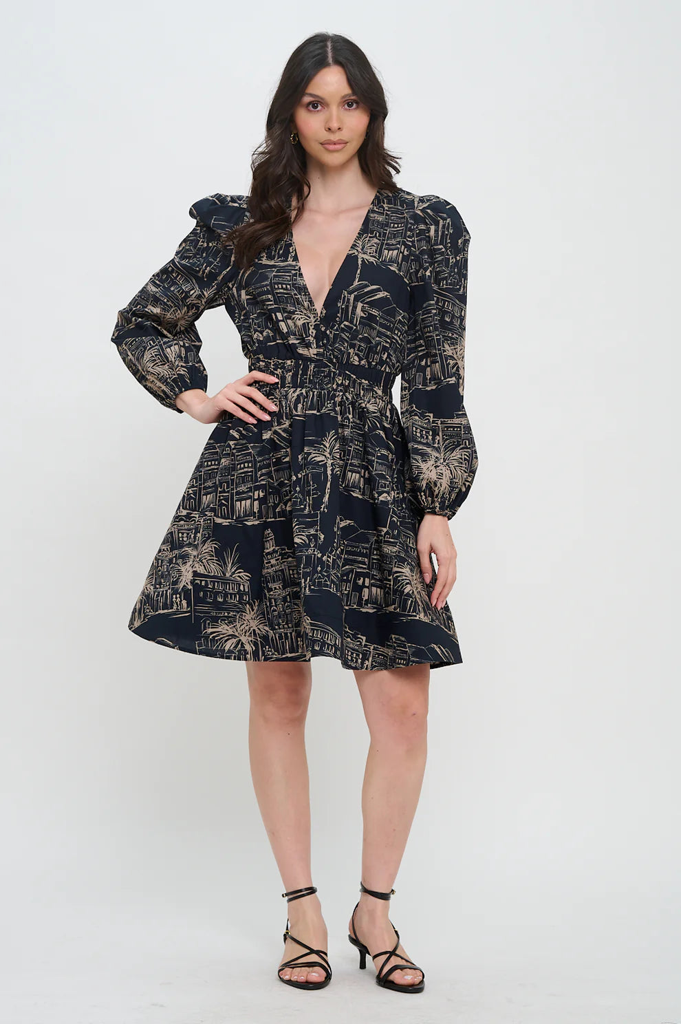 Santorini Midnight Sketch Long Sleeve Dress