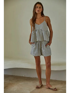 Blue Woven Polyester Viscose Cotton Striped V-Neck Top