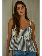 Load image into Gallery viewer, Blue Woven Polyester Viscose Cotton Striped V-Neck Top