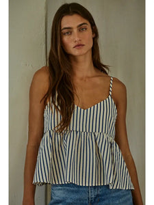 Blue Woven Polyester Viscose Cotton Striped V-Neck Top