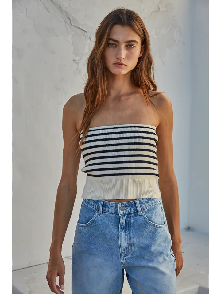 Cream/Navy Knit Sweater Ribbed Striped Strapless Tube Top