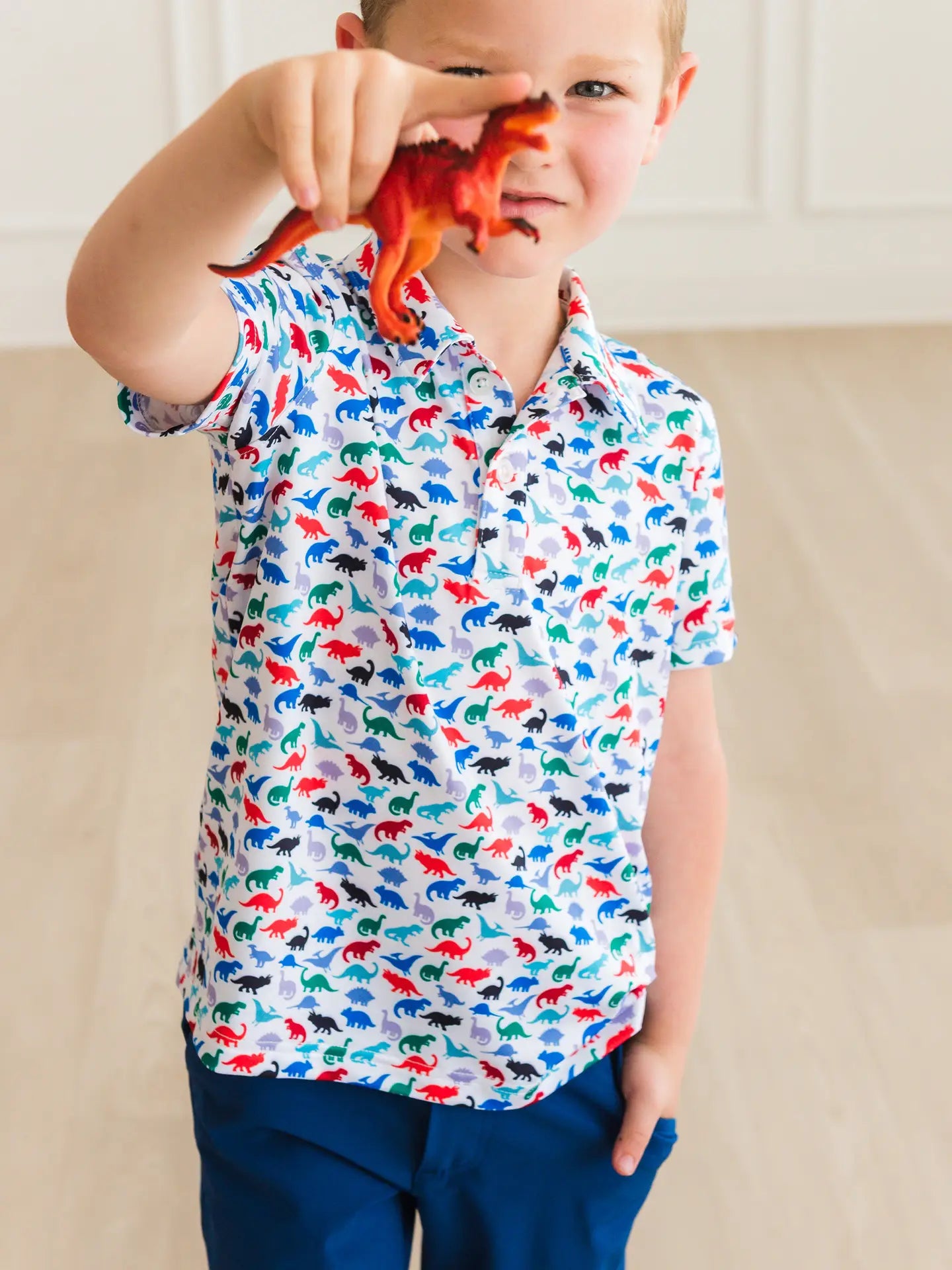 Boys Dino Roar Knit Short Sleeve Performance Polo