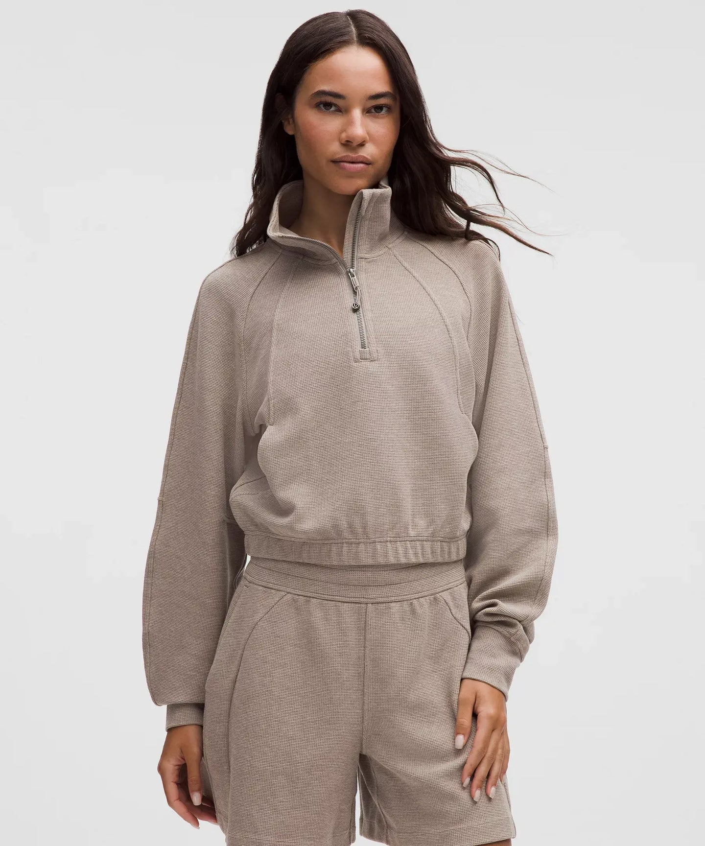 Ash Grey Scuba Cropped Funnel-Neck Half Zip