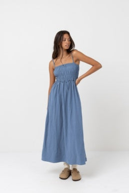 Steel Blue Classic Shirred Dress